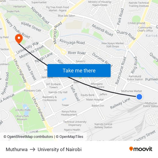 Muthurwa to University of Nairobi map