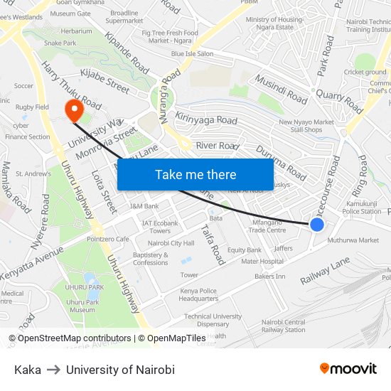 Kaka to University of Nairobi map
