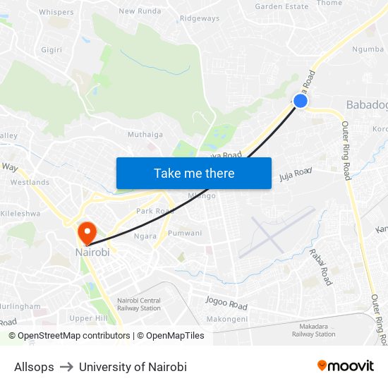 Allsops to University of Nairobi map