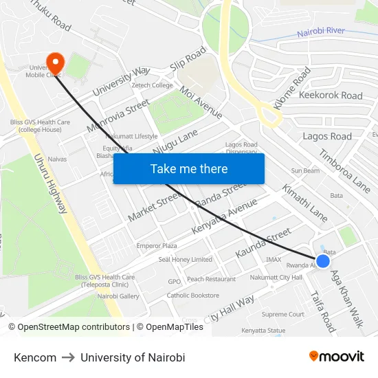 Kencom to University of Nairobi map