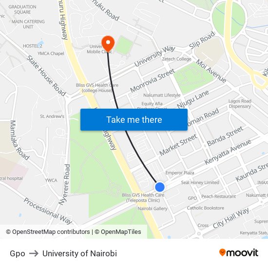Gpo to University of Nairobi map