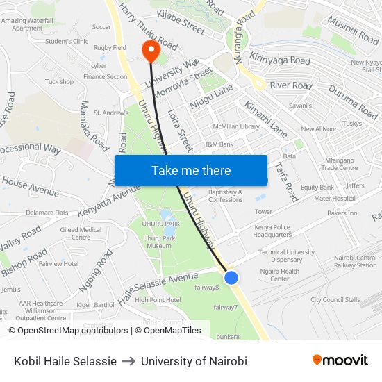 Kobil Haile Selassie to University of Nairobi map