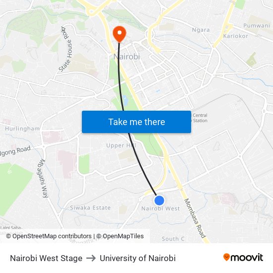 Nairobi West Stage to University of Nairobi map