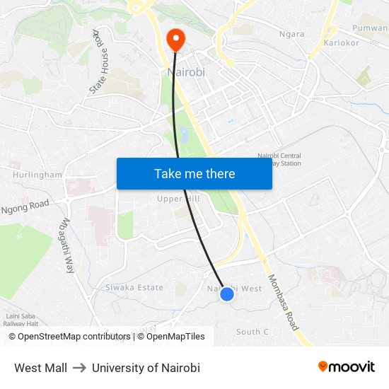West Mall to University of Nairobi map