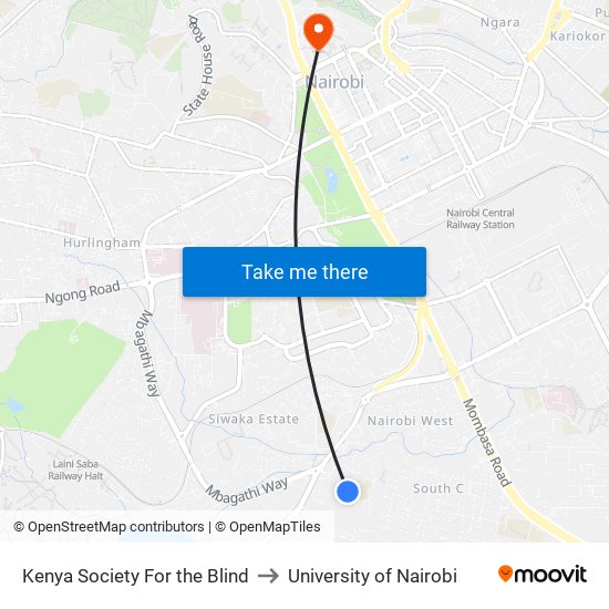 Kenya Society For the Blind to University of Nairobi map