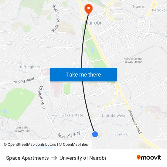 Space Apartments to University of Nairobi map