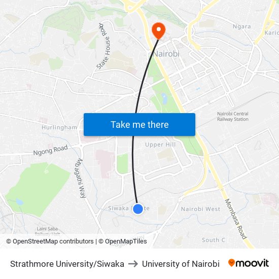 Strathmore University/Siwaka to University of Nairobi map