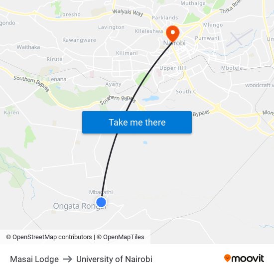 Masai Lodge to University of Nairobi map