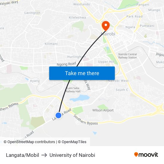Langata/Mobil to University of Nairobi map