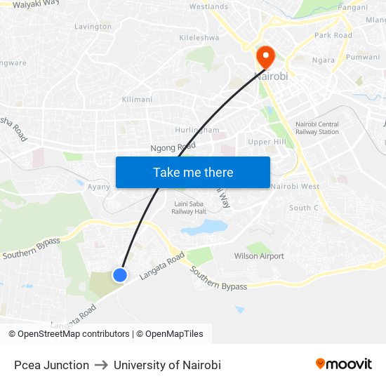 Pcea Junction to University of Nairobi map