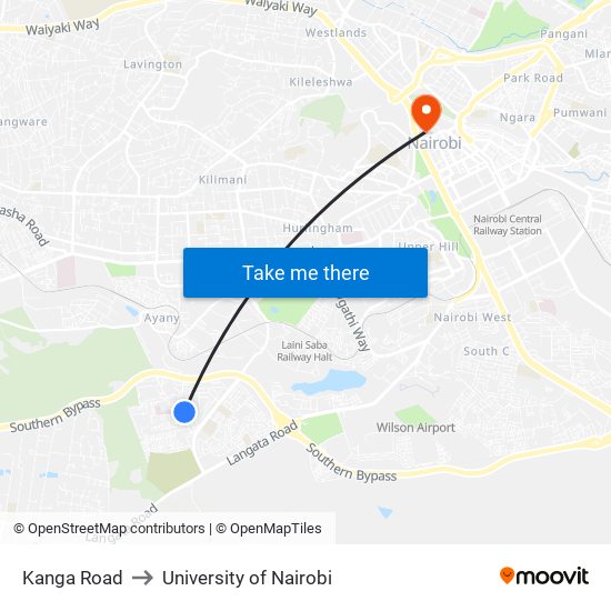 Kanga Road to University of Nairobi map