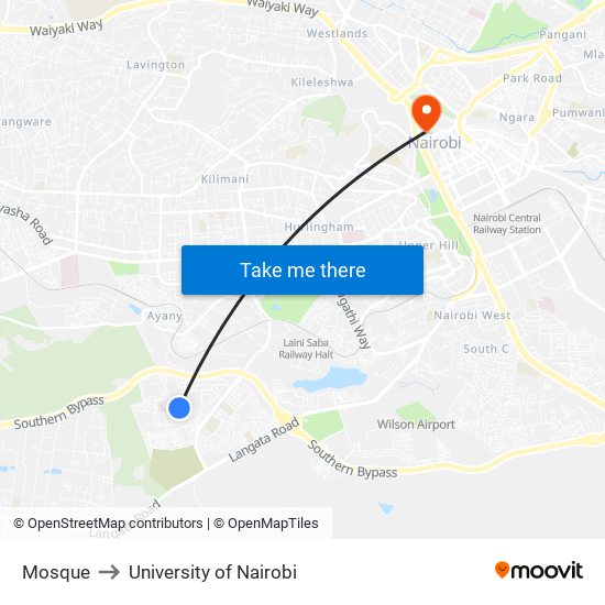 Mosque to University of Nairobi map