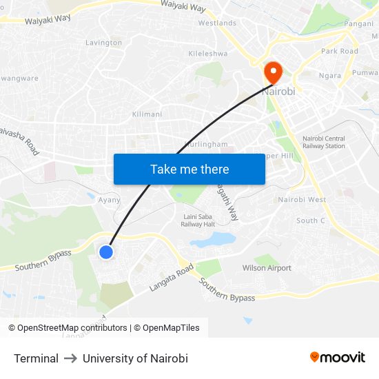 Terminal to University of Nairobi map