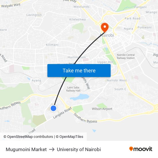 Mugumoini Market to University of Nairobi map