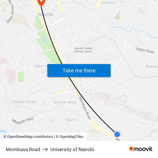 Mombasa Road to University of Nairobi map
