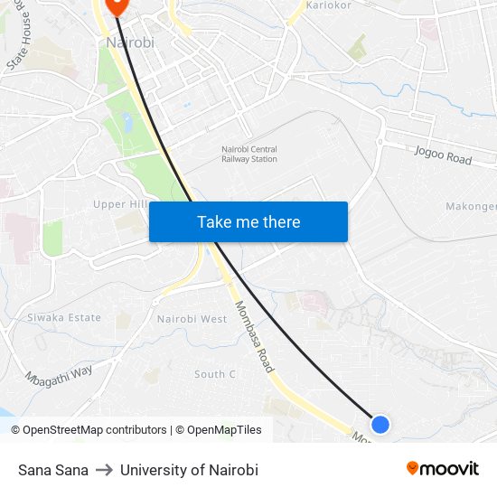Sana Sana to University of Nairobi map