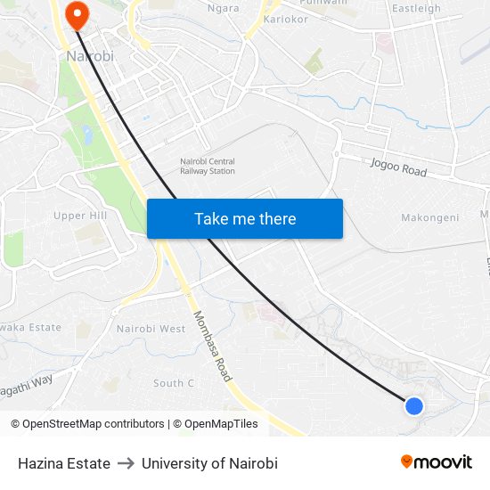 Hazina Estate to University of Nairobi map