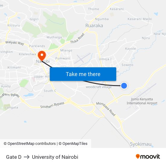 Gate D to University of Nairobi map
