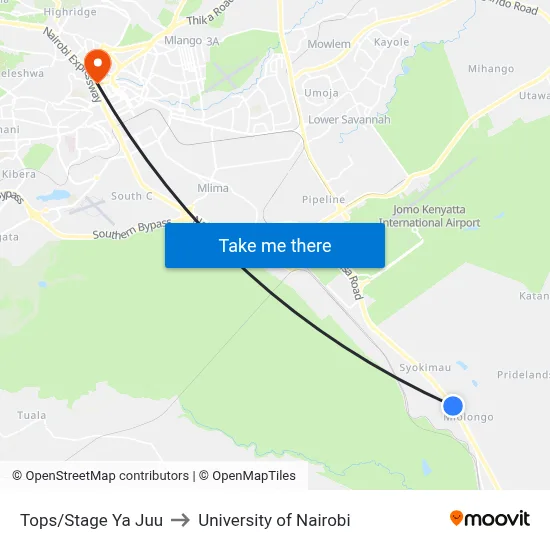 Tops/Stage Ya Juu to University of Nairobi map