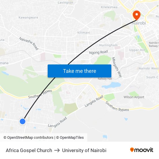 Africa Gospel Church to University of Nairobi map