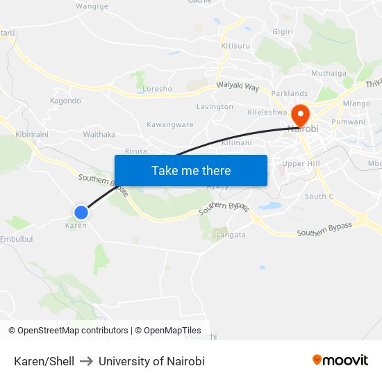 Karen/Shell to University of Nairobi map