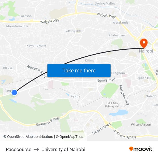 Racecourse to University of Nairobi map