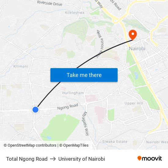Total Ngong Road to University of Nairobi map
