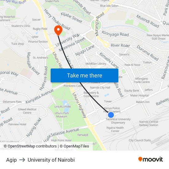 Agip to University of Nairobi map