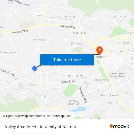 Valley Arcade to University of Nairobi map