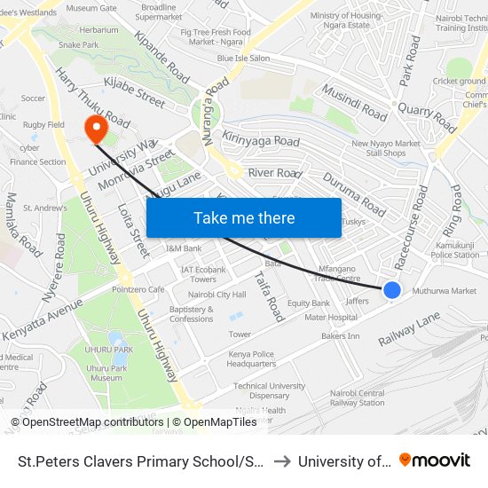 St.Peters Clavers Primary School/Salvation Army/Otc to University of Nairobi map