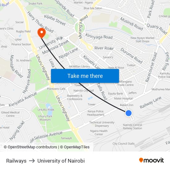 Railways to University of Nairobi map