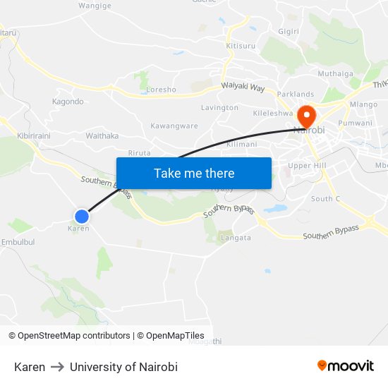 Karen to University of Nairobi map