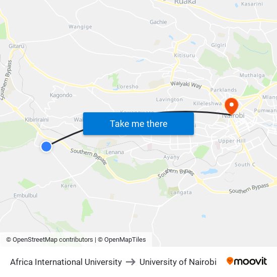 Africa International University to University of Nairobi map