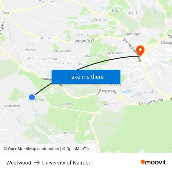Westwood to University of Nairobi map