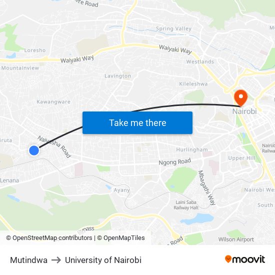 Mutindwa to University of Nairobi map