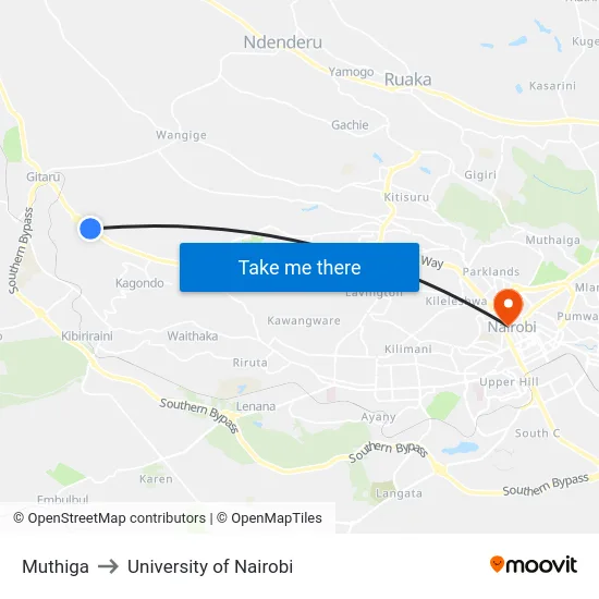 Muthiga to University of Nairobi map