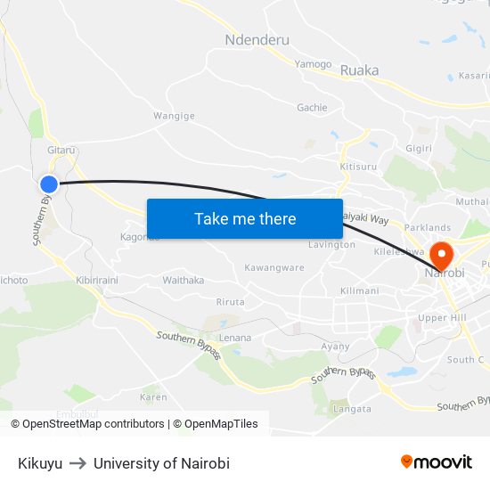Kikuyu to University of Nairobi map