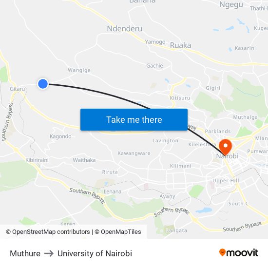 Muthure to University of Nairobi map