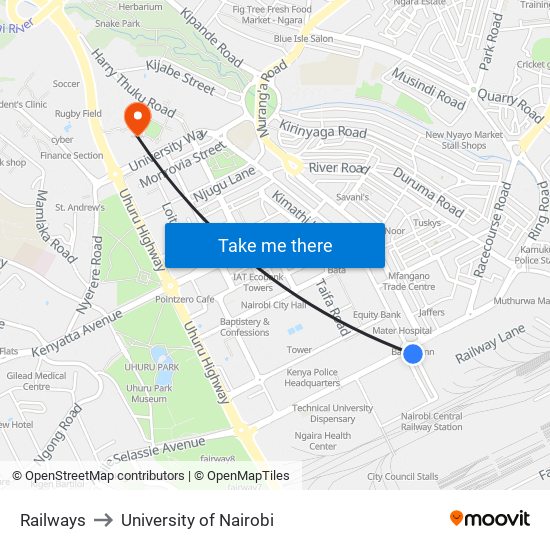 Railways to University of Nairobi map