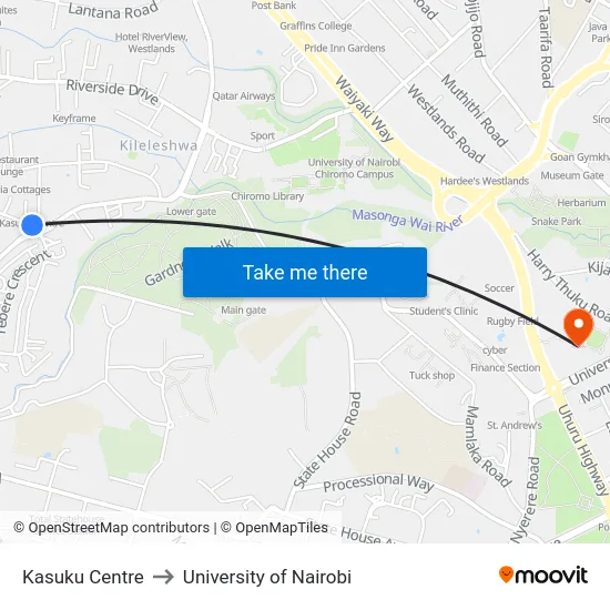 Kasuku Centre to University of Nairobi map