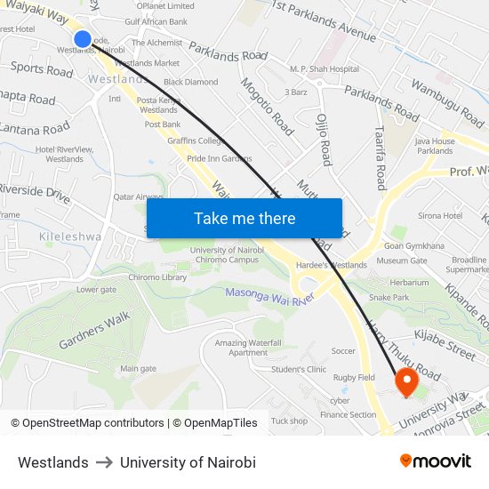 Westlands to University of Nairobi map