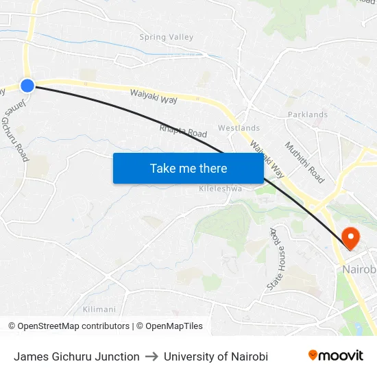 James Gichuru Junction to University of Nairobi map