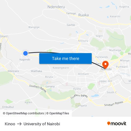 Kinoo to University of Nairobi map