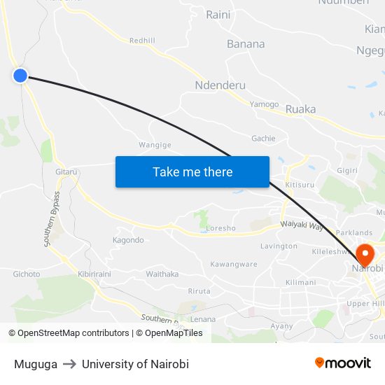 Muguga to University of Nairobi map