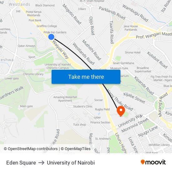 Eden Square to University of Nairobi map