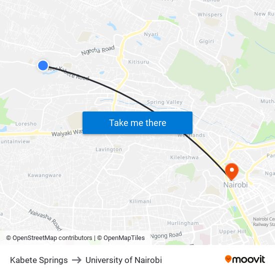 Kabete Springs to University of Nairobi map