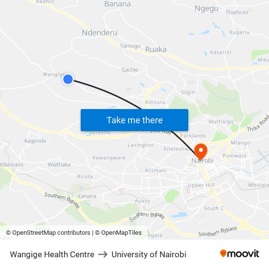 Wangige Health Centre to University of Nairobi map