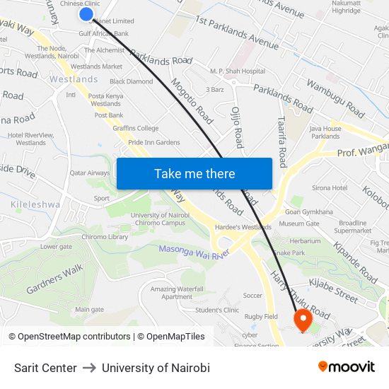 Sarit Center to University of Nairobi map