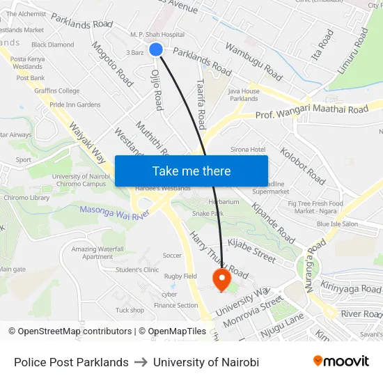 Police Post Parklands to University of Nairobi map