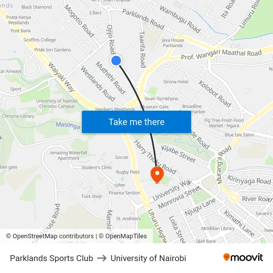 Parklands Sports Club to University of Nairobi map